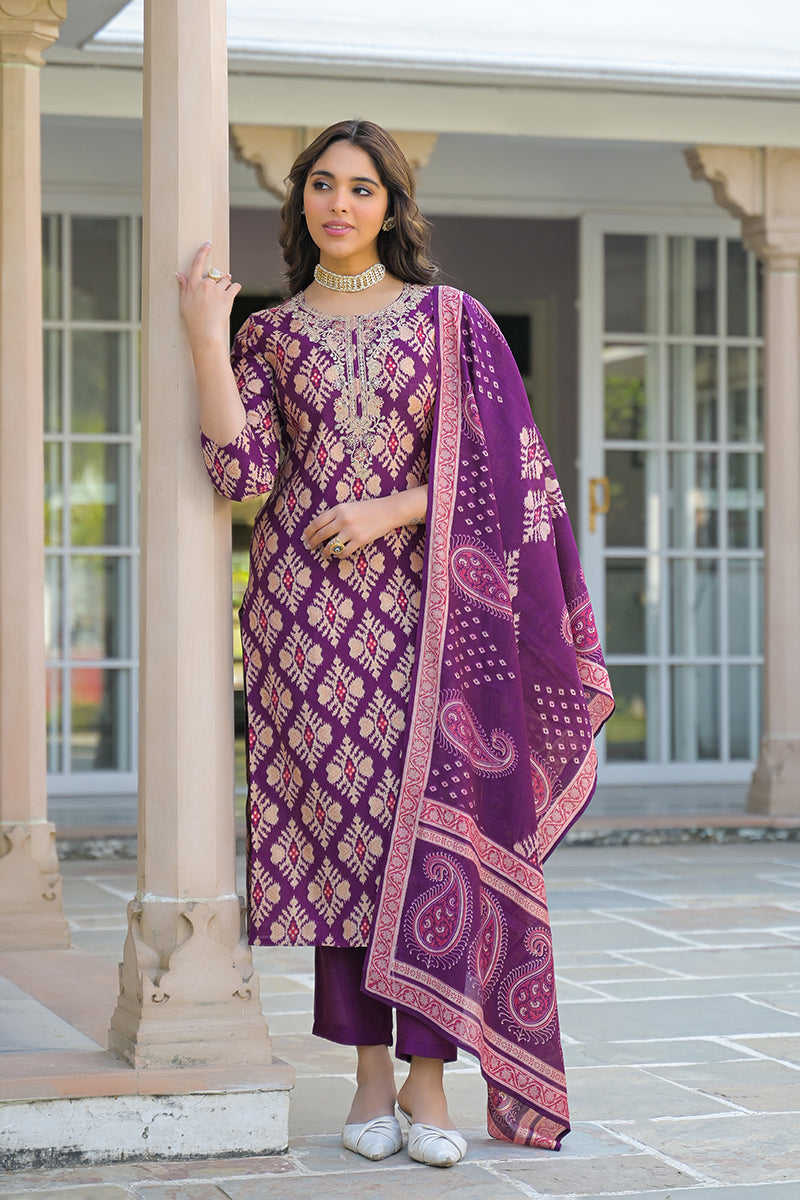 purple viscose ikat embroidered straight kurta trousers with dupatta