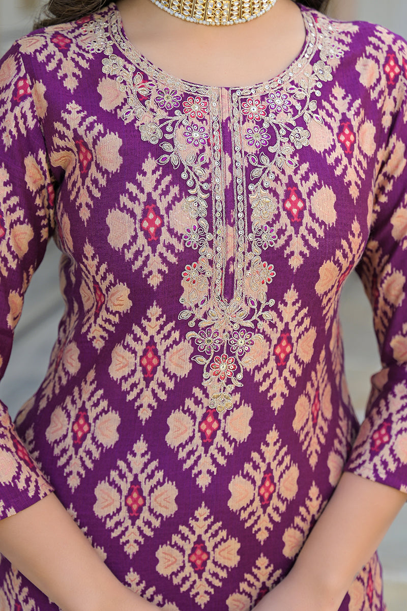 purple viscose ikat embroidered straight kurta trousers with dupatta
