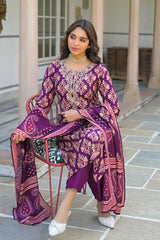 purple viscose ikat embroidered straight kurta trousers with dupatta