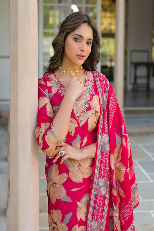 Pink Viscose Floral Embroidered Straight Kurta Trousers With Dupatta