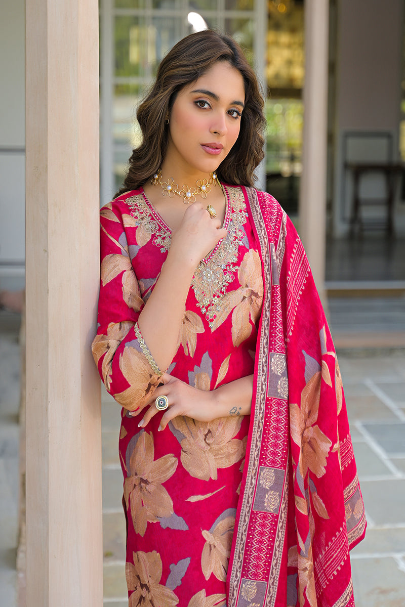 pink viscose floral embroidered straight kurta trousers with dupatta pkskd3141