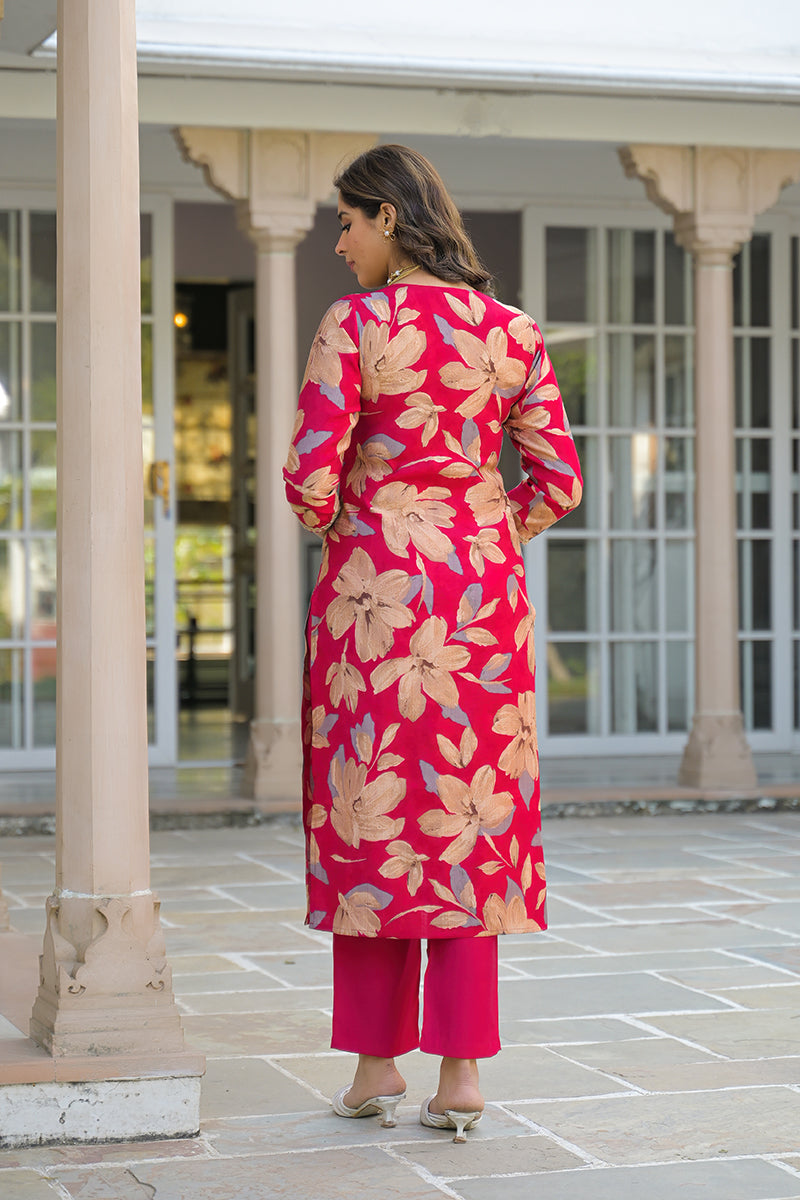 pink viscose floral embroidered straight kurta trousers with dupatta pkskd3141