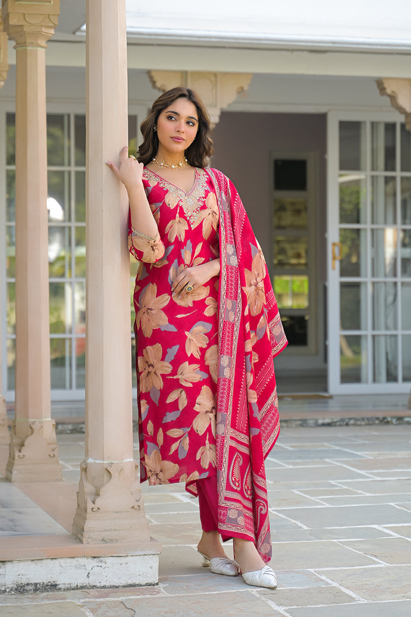 pink viscose floral embroidered straight kurta trousers with dupatta pkskd3141
