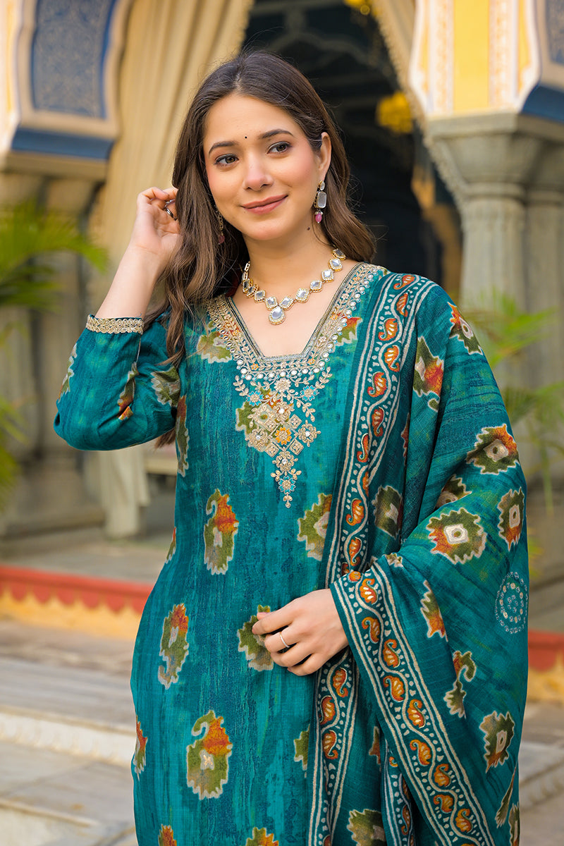 teal viscose embroidered straight kurta trousers with dupatta