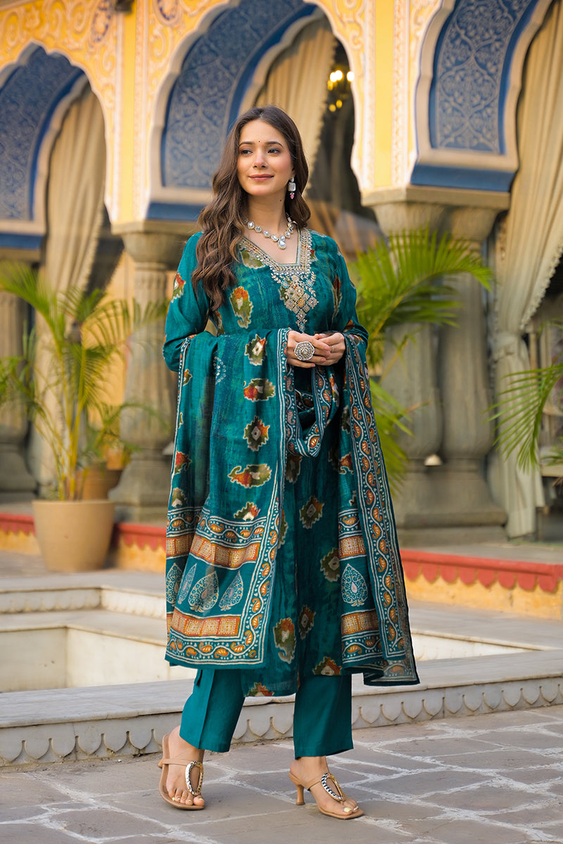 teal viscose embroidered straight kurta trousers with dupatta