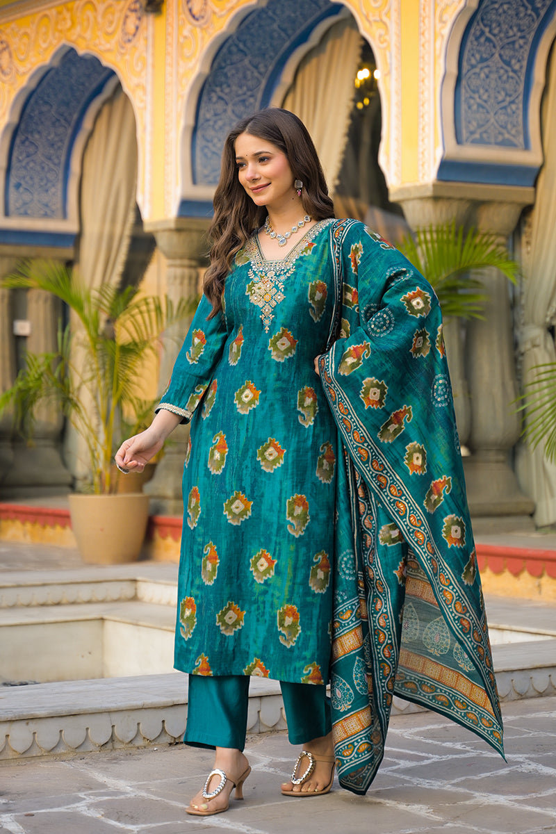 teal viscose embroidered straight kurta trousers with dupatta