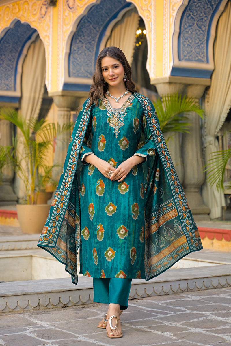 teal viscose embroidered straight kurta trousers with dupatta