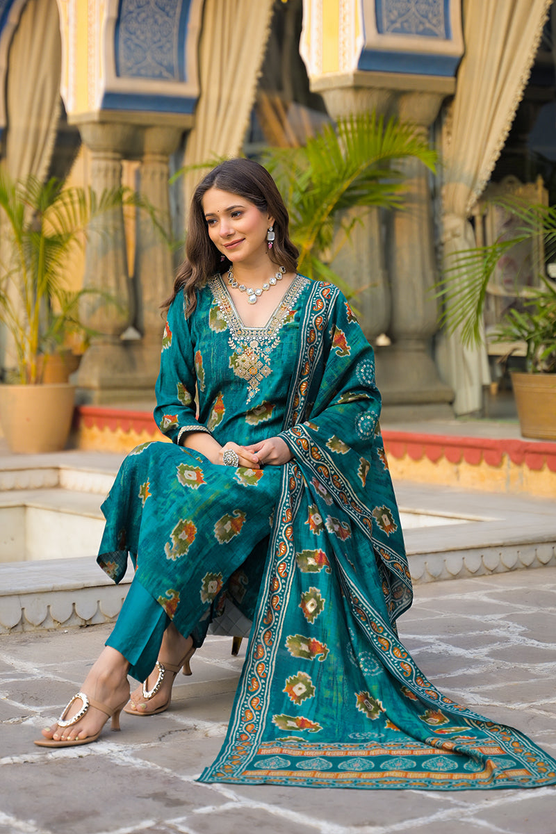 teal viscose embroidered straight kurta trousers with dupatta