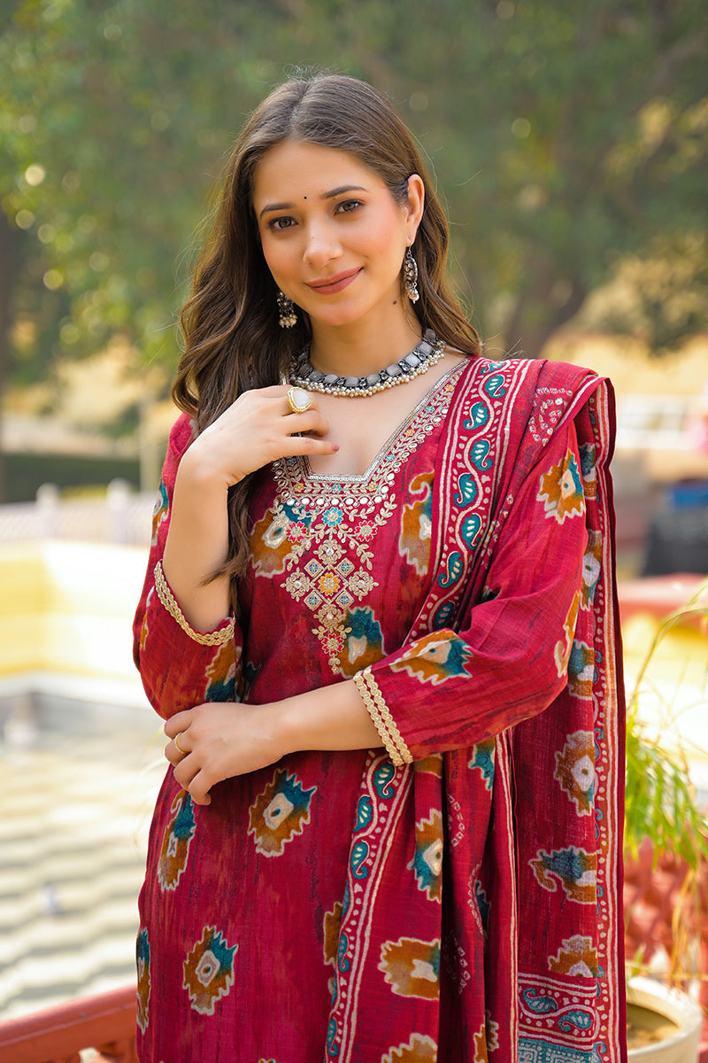 maroon viscose embroidered straight kurta trousers with dupatta 