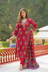 maroon viscose embroidered straight kurta trousers with dupatta 