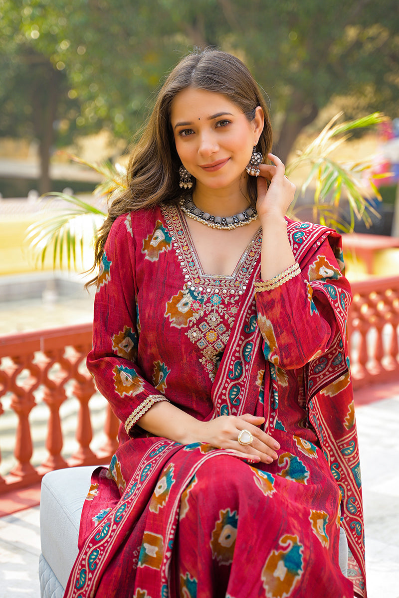 maroon viscose embroidered straight kurta trousers with dupatta 