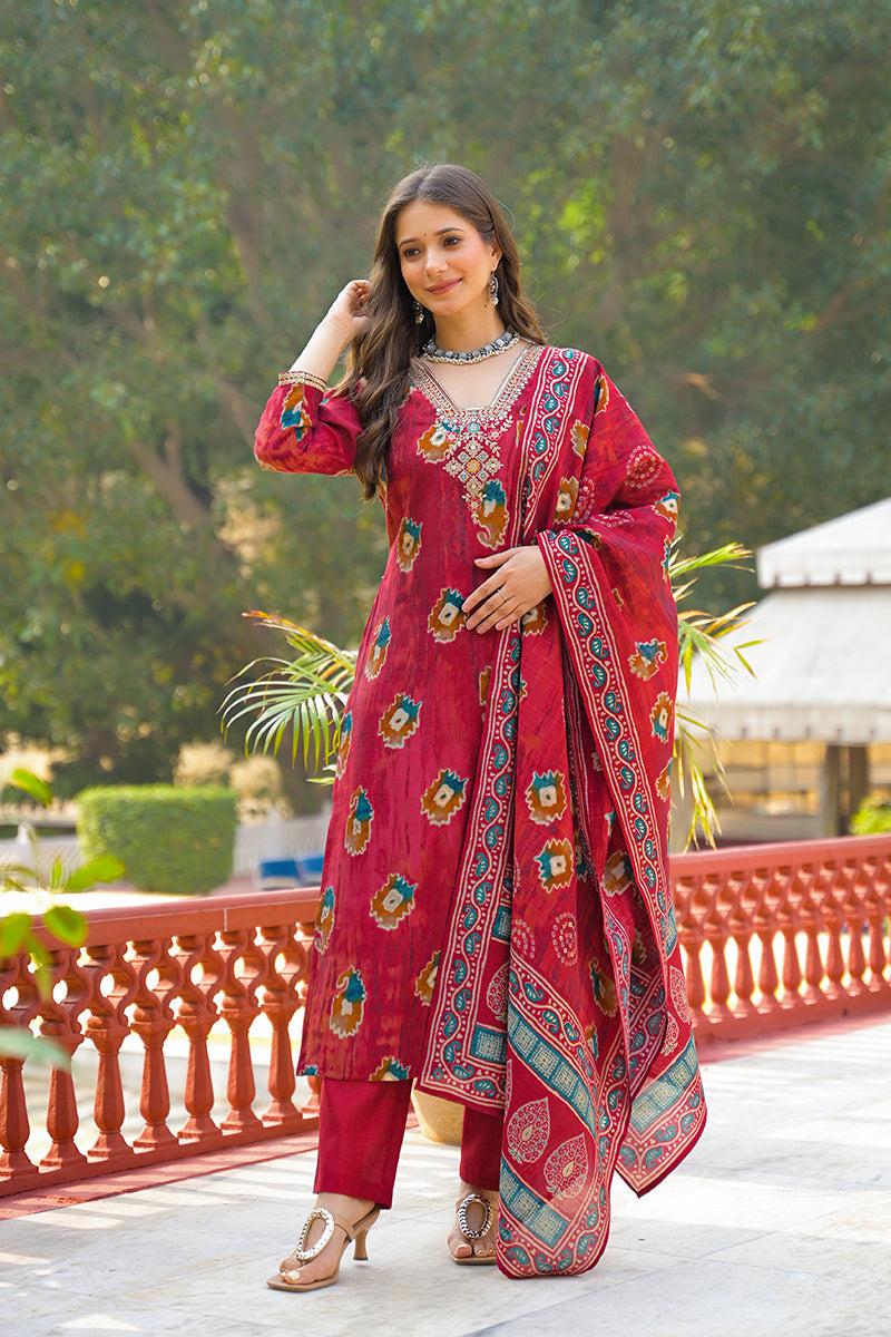 maroon viscose embroidered straight kurta trousers with dupatta 