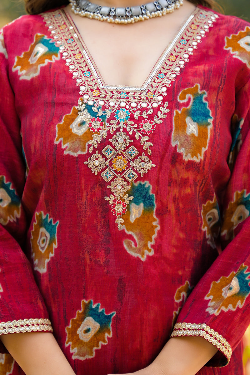 maroon viscose embroidered straight kurta trousers with dupatta 