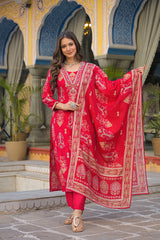pink viscose ikat printed straight kurta trousers with dupatta