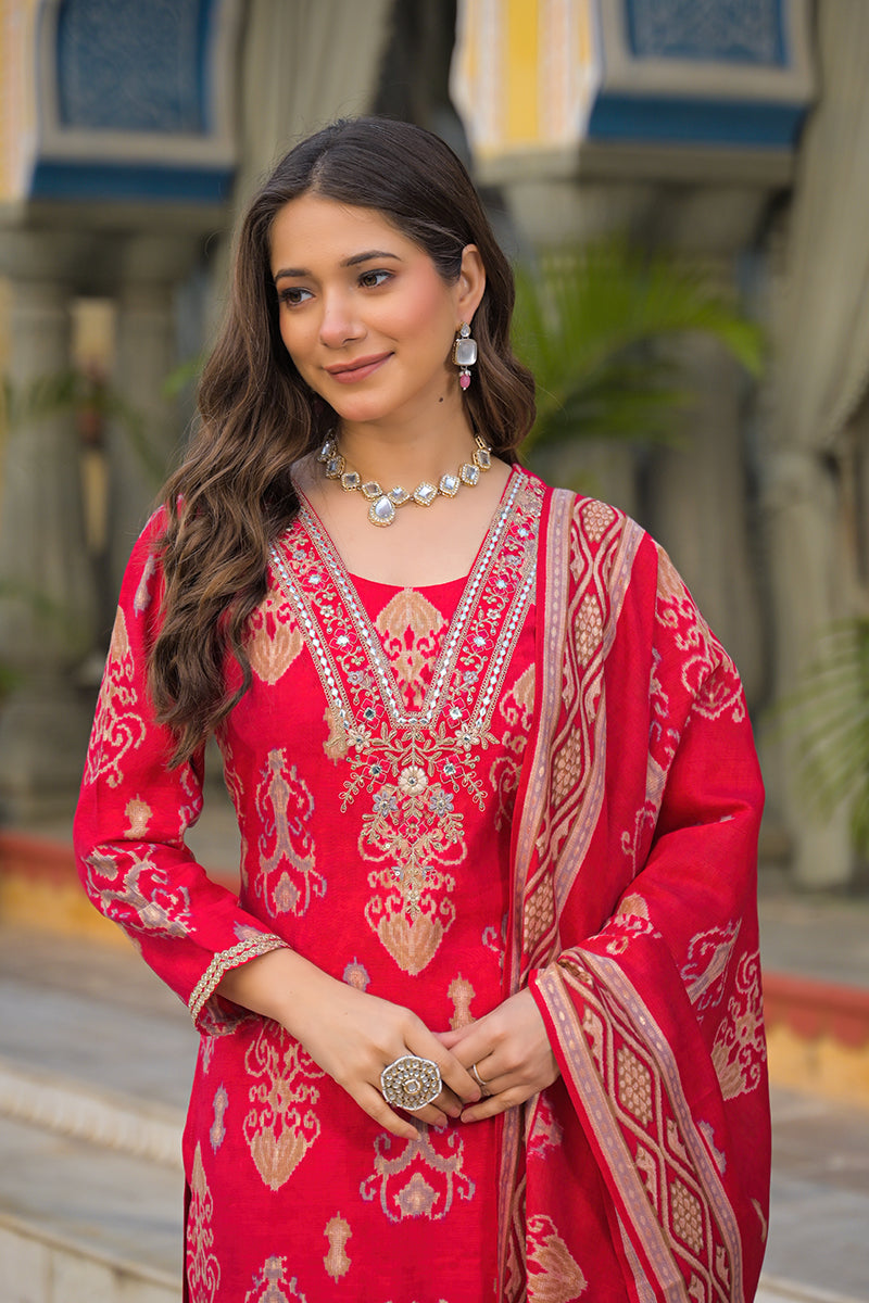 pink viscose ikat printed straight kurta trousers with dupatta