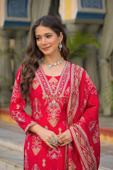 pink viscose ikat printed straight kurta trousers with dupatta