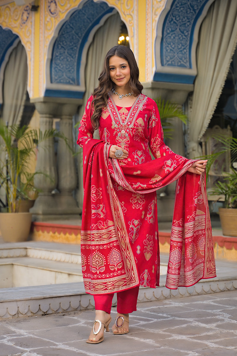 pink viscose ikat printed straight kurta trousers with dupatta