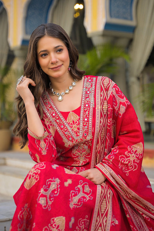 pink viscose ikat printed straight kurta trousers with dupatta