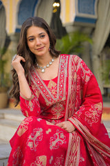 pink viscose ikat printed straight kurta trousers with dupatta