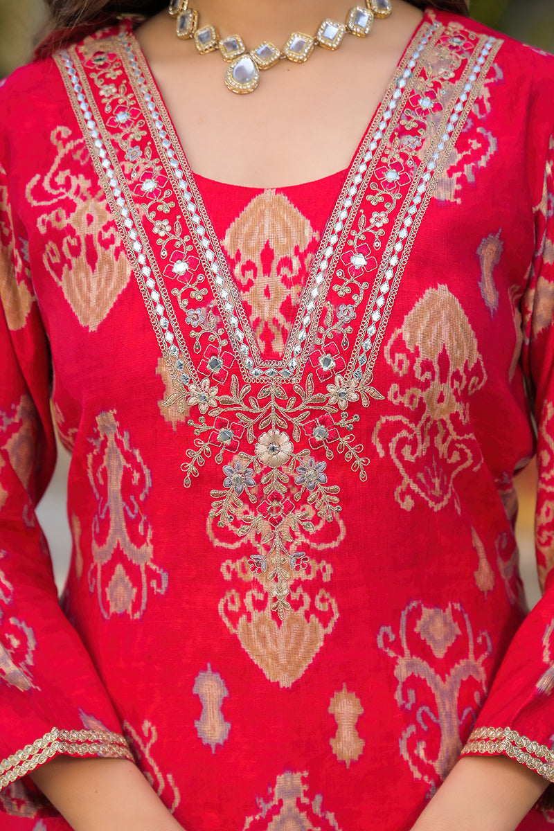 pink viscose ikat printed straight kurta trousers with dupatta