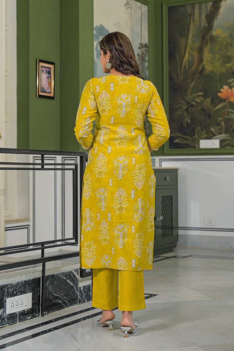 yellow viscose ikat printed straight kurta trousers with dupatta pkskd3149