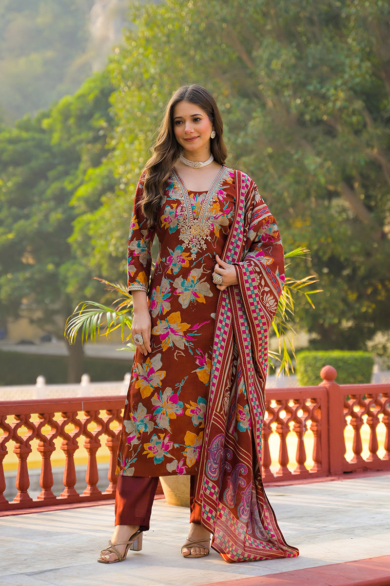 brown viscose floral printed straight kurta trousers with dupatta