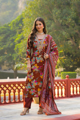 brown viscose floral printed straight kurta trousers with dupatta