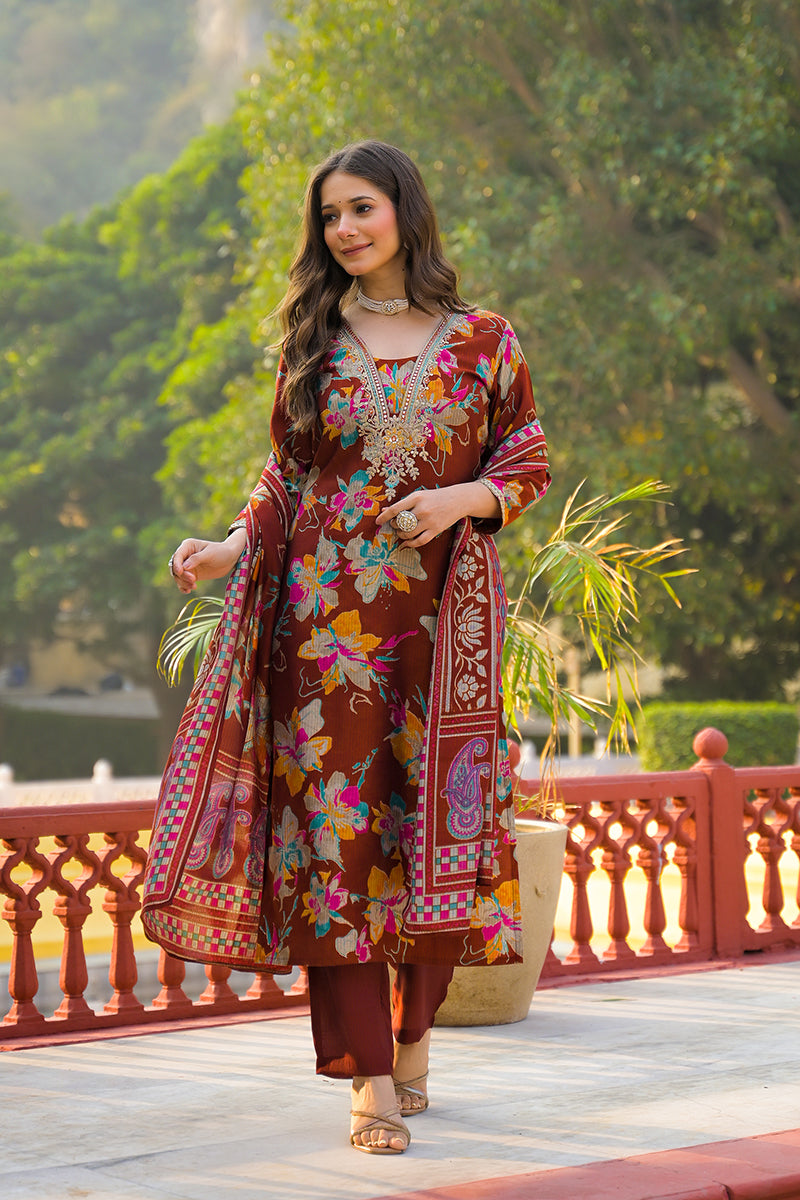 brown viscose floral printed straight kurta trousers with dupatta