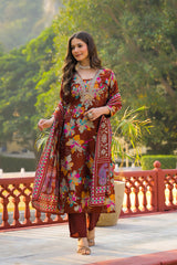 brown viscose floral printed straight kurta trousers with dupatta