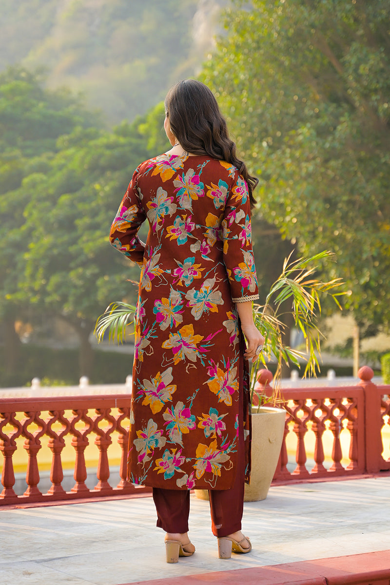 brown viscose floral printed straight kurta trousers with dupatta