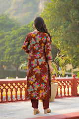 brown viscose floral printed straight kurta trousers with dupatta