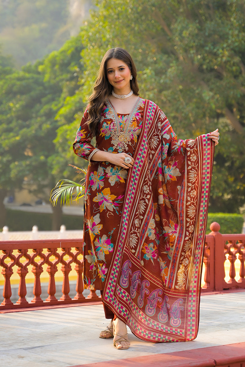 brown viscose floral printed straight kurta trousers with dupatta