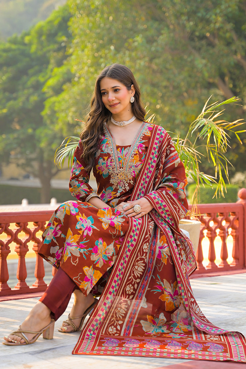 brown viscose floral printed straight kurta trousers with dupatta