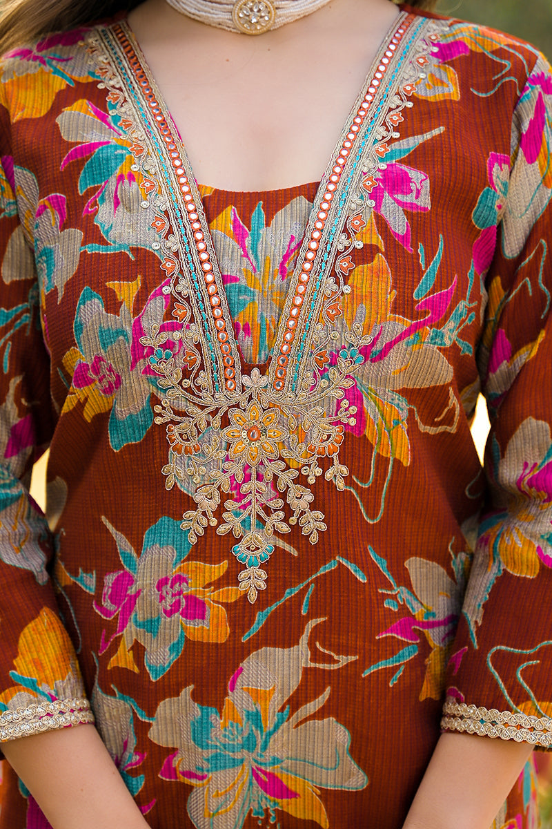 brown viscose floral printed straight kurta trousers with dupatta