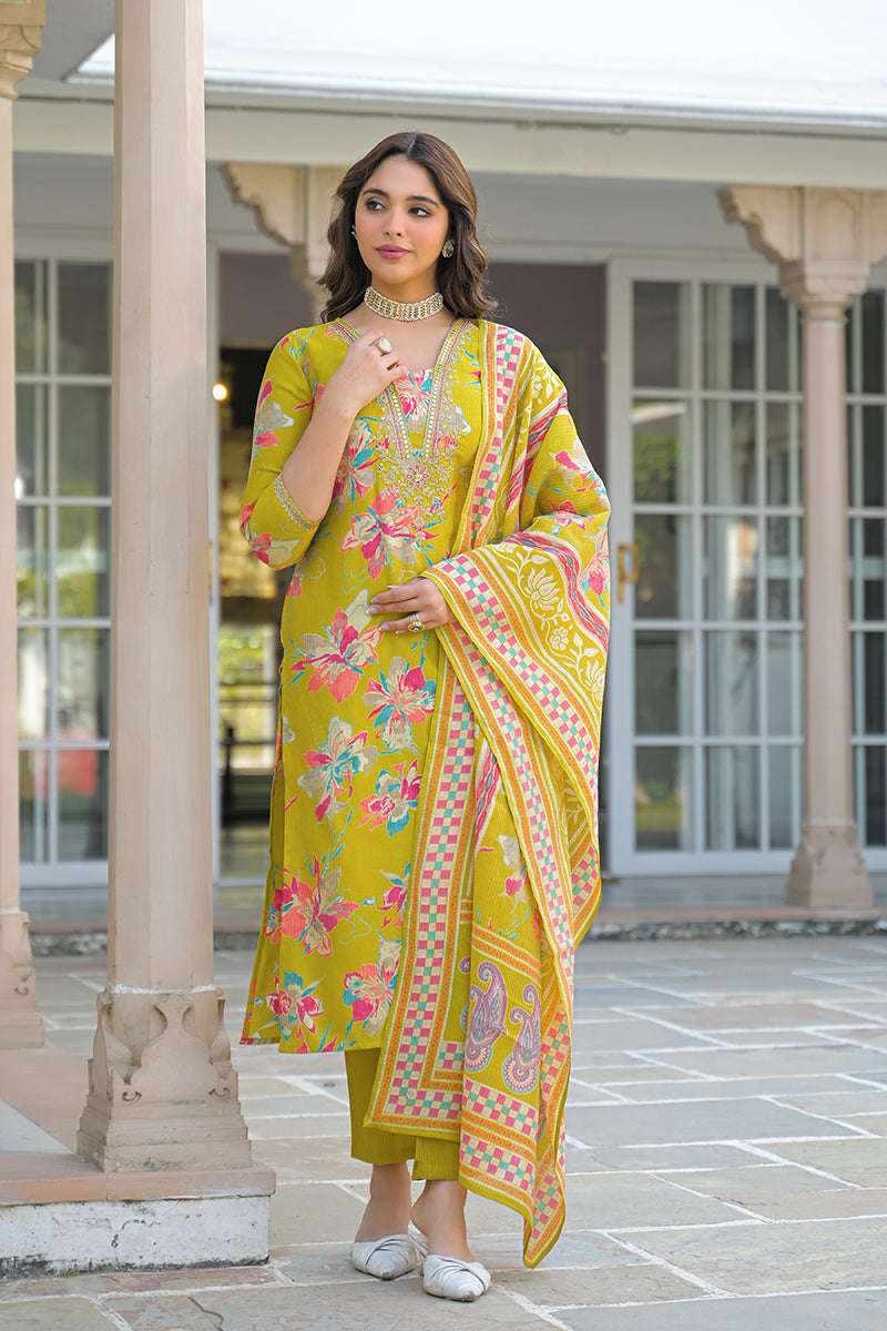 yellow viscose floral printed straight kurta trousers with dupatta 