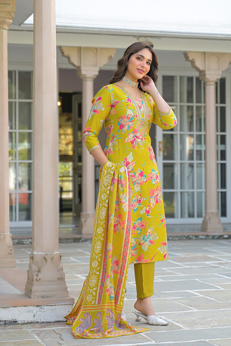 yellow viscose floral printed straight kurta trousers with dupatta 
