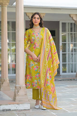 yellow viscose floral printed straight kurta trousers with dupatta 