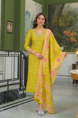 yellow viscose ethnic motifs printed straight kurta trousers with dupatta 