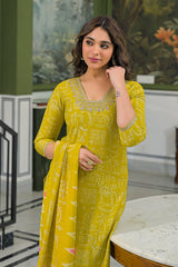 yellow viscose ethnic motifs printed straight kurta trousers with dupatta 