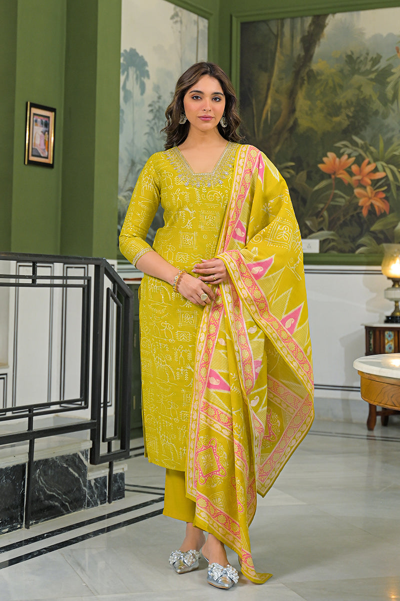 yellow viscose ethnic motifs printed straight kurta trousers with dupatta 