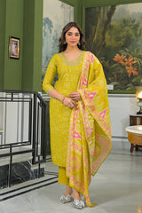 yellow viscose ethnic motifs printed straight kurta trousers with dupatta 