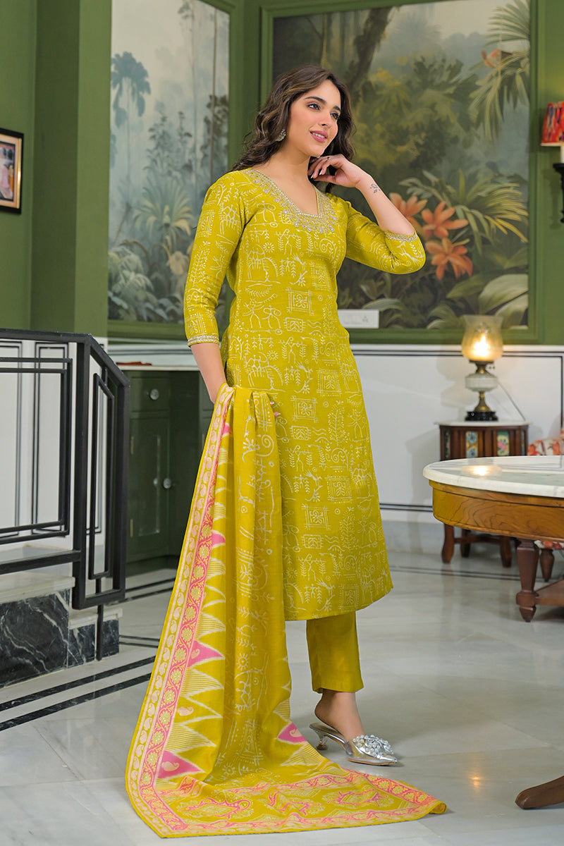 yellow viscose ethnic motifs printed straight kurta trousers with dupatta 