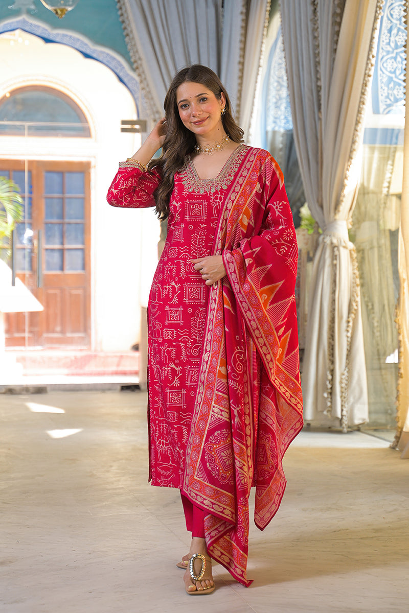 red viscose ethnic motifs printed straight kurta trousers with dupatta