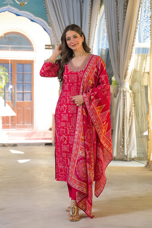 red viscose ethnic motifs printed straight kurta trousers with dupatta