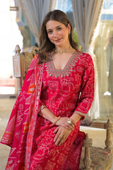 red viscose ethnic motifs printed straight kurta trousers with dupatta