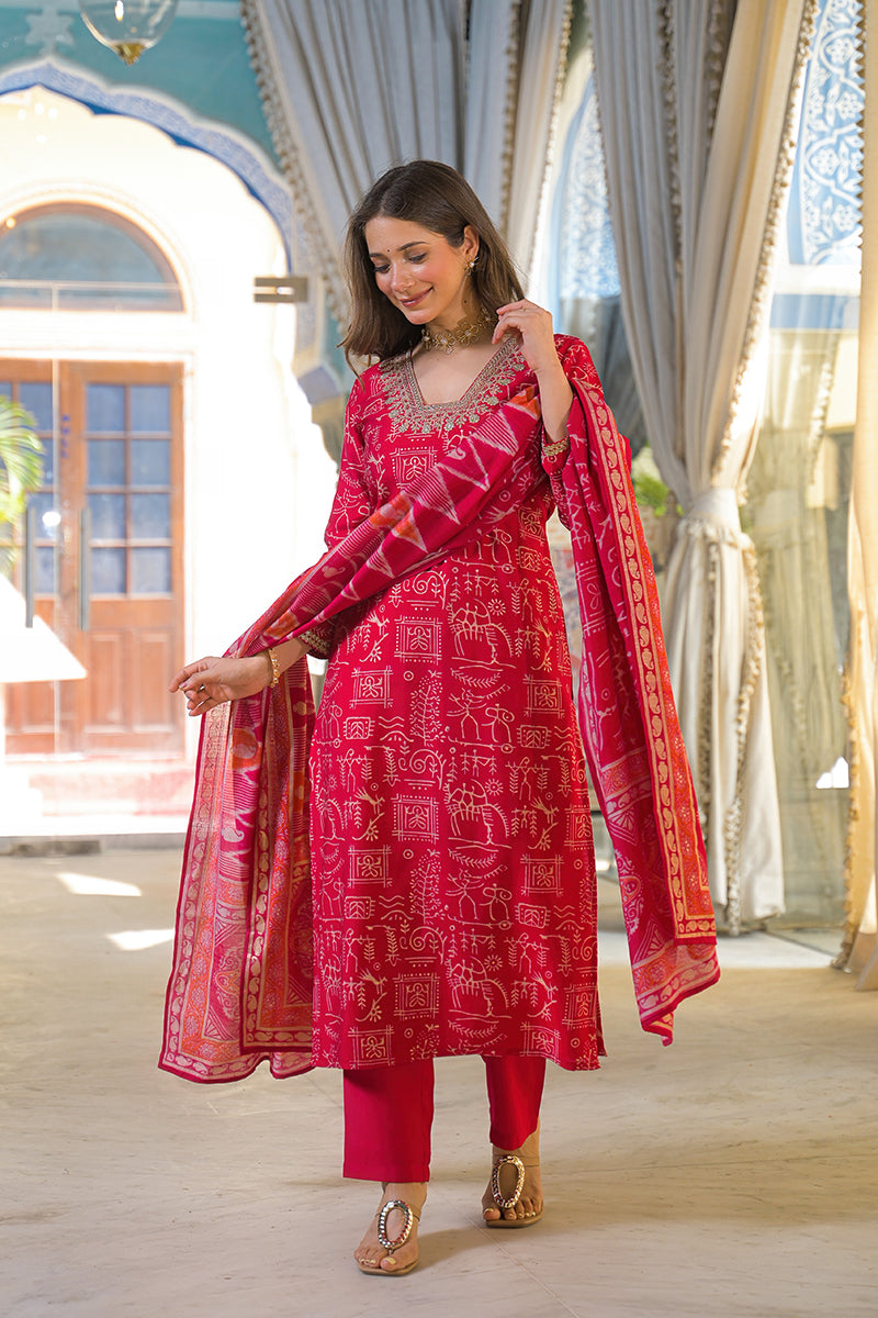 red viscose ethnic motifs printed straight kurta trousers with dupatta