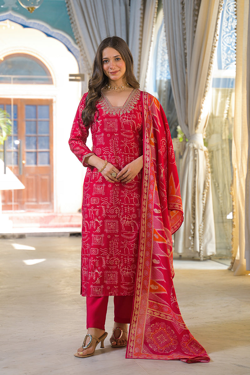 red viscose ethnic motifs printed straight kurta trousers with dupatta