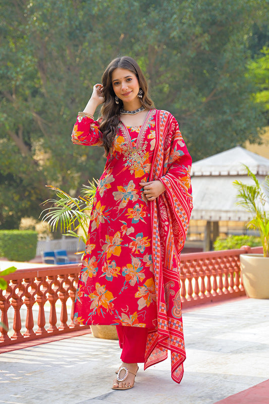 red viscose floral printed straight kurta trousers with dupatta pkskd3159