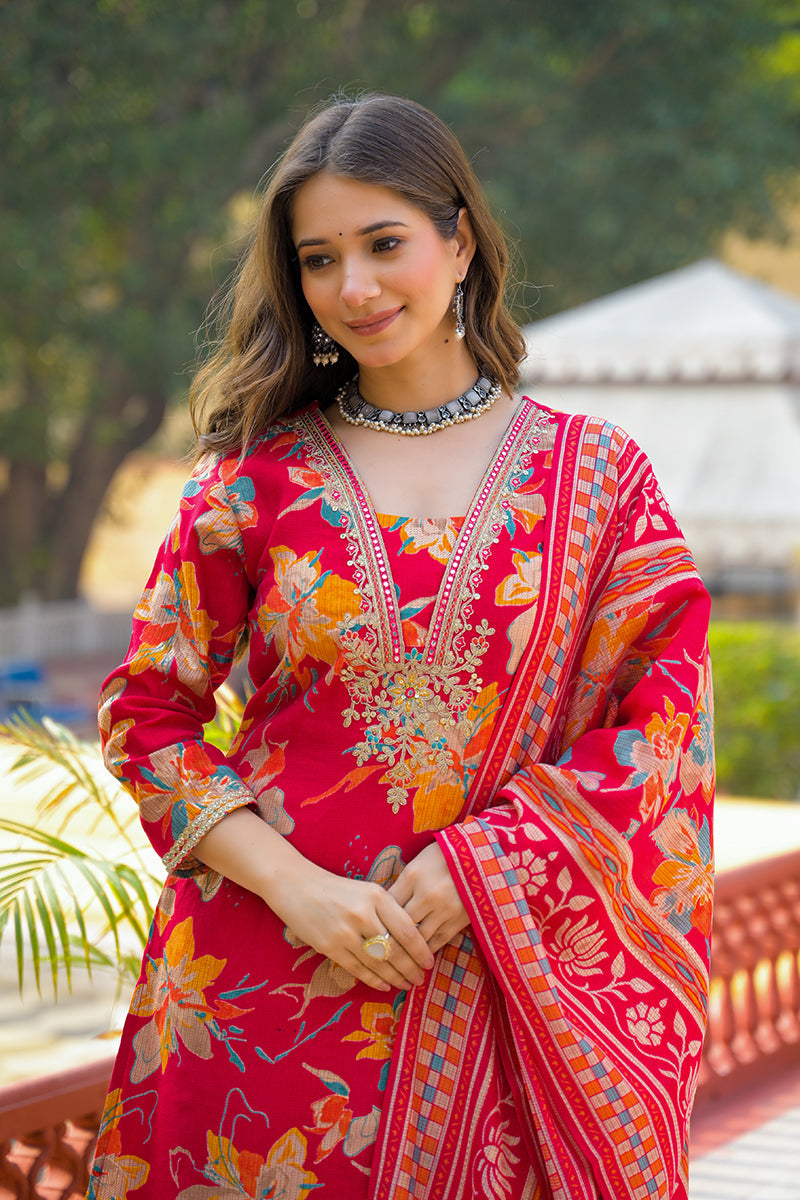 red viscose floral printed straight kurta trousers with dupatta pkskd3159