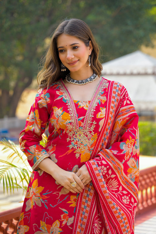 red viscose floral printed straight kurta trousers with dupatta pkskd3159